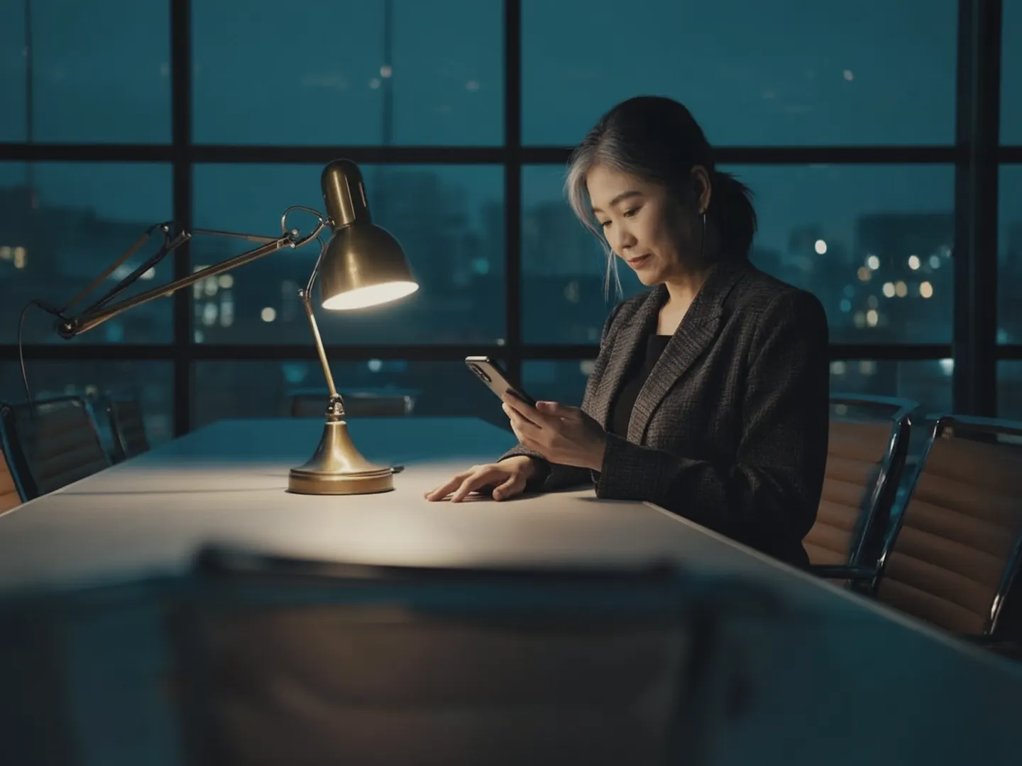 A chief marketing officer alone in an empty boardroom, reading her phone with quiet relief.