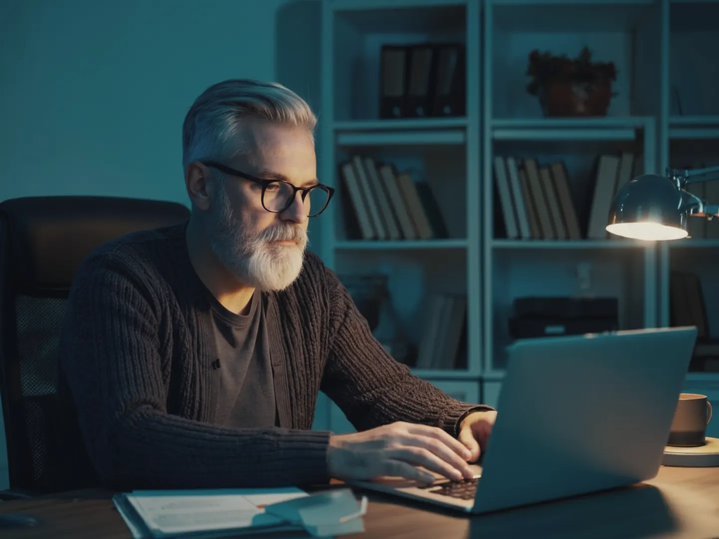A communications vice president reviews a draft on his laptop in his study in the evening.
