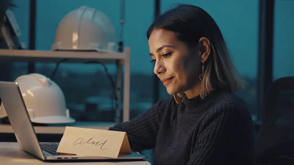 A construction firm director reads her laptop in a site office, a handwritten note beside it.