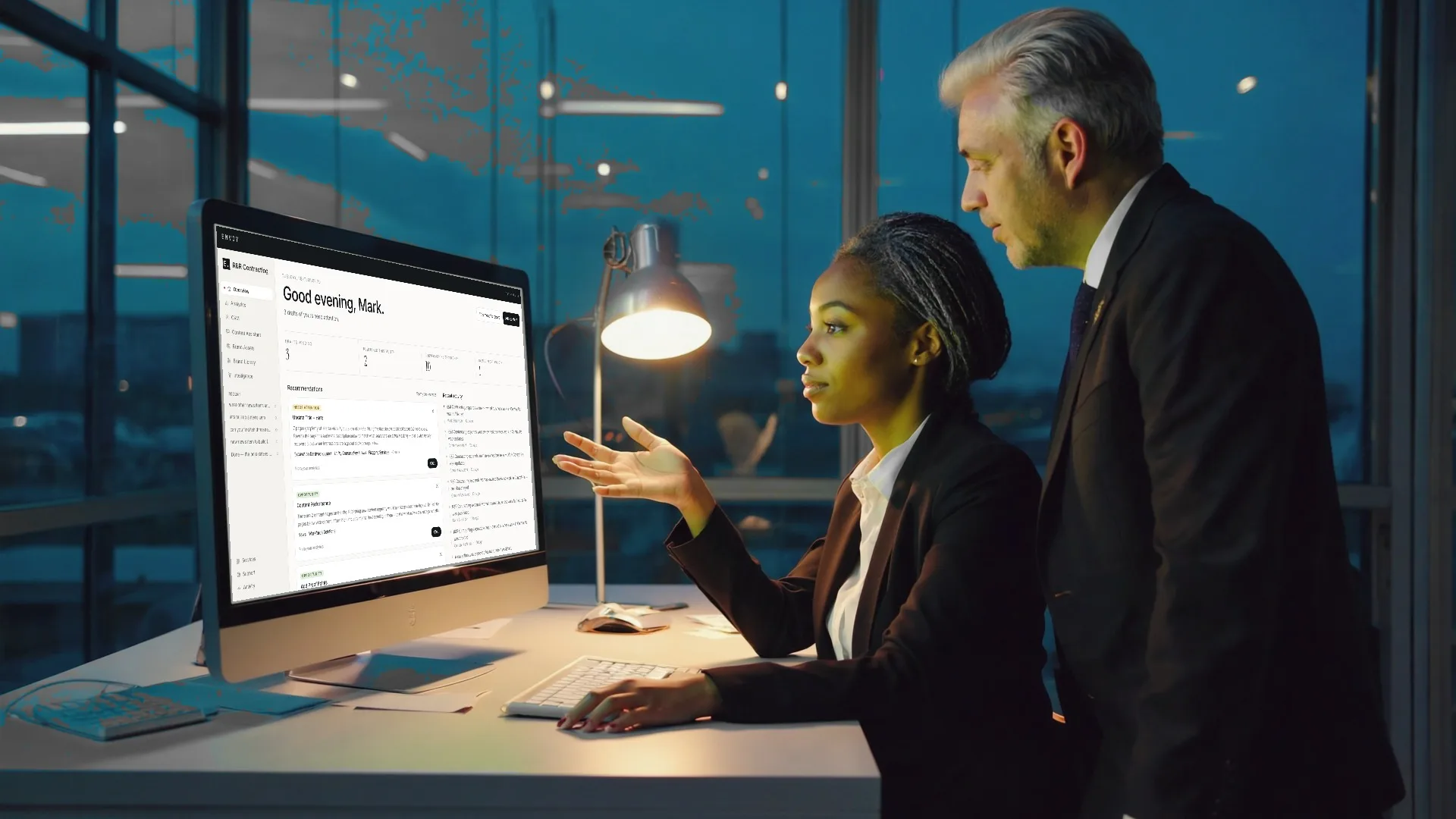 Two marketing leaders at one monitor showing the Envoy overview; she gestures at the screen while he leans in.